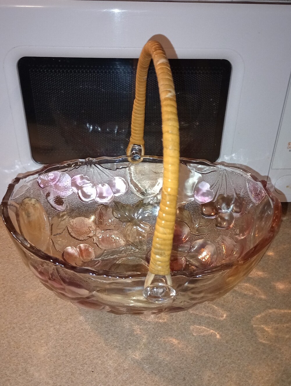 Vintage Indiana Glass Fruit Bowl With Wicker Handle